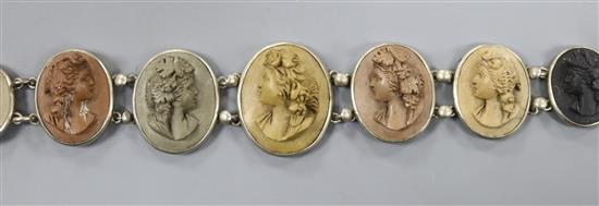 A base metal? and graduated cameo lava bracelet, 18.2cm.